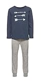 Zweiteiliges Set bestehend aus einem langärmeligen dunkelblauem T-Shirt mit Pfeil-Print und Rundhalsausschnitt, sowie einer grauen Hose mit elastischem Taillenbund.