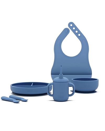 Image of Lalo First Bites Silicone Baby Feeding Set - Baby Led Weaning Supplies - Non-Toxic Silicone - Includes 1 Bib, 2 Spoons, Training Cup, Suction Plate and Bowl - 6 Pieces - Blueberry