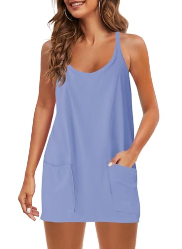Image of Panadila Womens Summer Sleeveless Mini Dress V Neck Spaghetti Strap Sundress Athletic Short Dress with Pockets