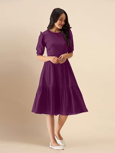 Image of TRENDMALLS Dress for Women Cotton Blend Round Neck Half Puff Sleeve Flared Pleated Midi Western Dress