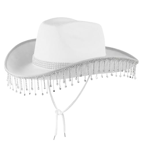 Photo de Peosaard Chapeau de Cow-Girl de mariée, Hinestone Cowboy Blanc Cowboy, Fringe Glitter Cowboy Hat avec Sangle pour Femmes