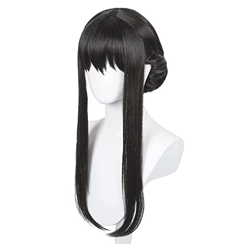 Image of Half and Half Long Black Anime Cosplay Wig with Bangs & Bun Pre-styled Thorn Princess Killer Costume Wigs Synthetic Hair + Wig Cap for Halloween Party