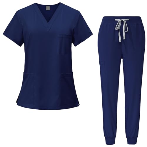 Chesoon Conjunto de Uniformes médicos para Mujer Ropa de Trabajo de Enfermera Top con Escote en V y Pantalones Joggers para estética Dental Veterinaria