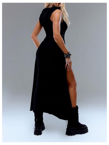 GORGLITTER Women's Gothic Double Slit Hooded Rave Dress Sexy Y2k Sleeveless Goth Grunge Bodycon Maxi Dresses 20252