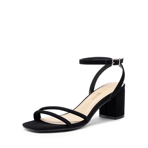 DREAM PAIRS Women's Chunky Strappy Heels Square Open Toe Ankle Buckle Low Heels Sandals for Daily Wedding Party Dress 6 Black