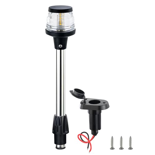 CLGMarine 13 Inchs Stern Anchor Light, Navigation Lights, All Round White LED, 2NM Visibility, Stainless Steel Pole, Removable 2 Pin Plug-in Mount, DC10-24V