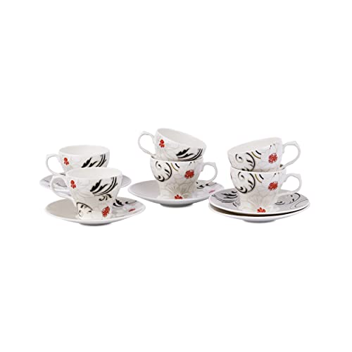 Image of Dandy Lines Liza White Tea Cups, Plain Solid, Luxury Tea Cup and Saucer Set, Ideal for Tea Time, Ceramic, Pack of 12, Microwave & Dishwasher Safe, Great for Hosting & Gifting
