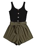 SOLY HUX Women's Summer Sleeveless Striped Belted Tank Romper Short Jumpsuit Army Green Black XL