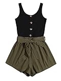 SOLY HUX Women's Summer Sleeveless Striped Belted Tank Romper Short Jumpsuit Army Green Black S