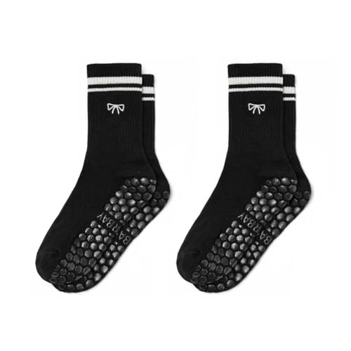 Image of Non-Slip Pilates Yoga Socks for Women Cotton Crew Striped Bow Embroidery for Barre Ballet Dance Workout
