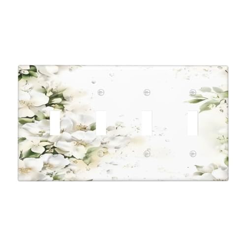 Decorative Switch Plate Covers Rustic Ink Green Leaves White Florals Flower 4 Gang Light Switch Cover Plate Quad Toggle Wall Plate Light Switch Covers for Bedroom Home Decor
