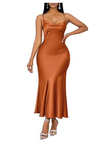 Floerns Women's Satin Cowl Neck Long Dress Draped Criss Cross Backless Sexy Party Club Maxi Dresses Rust Brown Medium