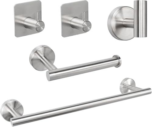 Image of JIALTO 5-Piece Bathroom Towel Holder | Towel Rod | Toilet Roll Stand | Wall Mounted Bathroom Fittings Full Set - 16 Inch Hand Towel Bar | Toilet Paper Holder | Adhesive Hooks (Silver, 5 - Pieces Set)