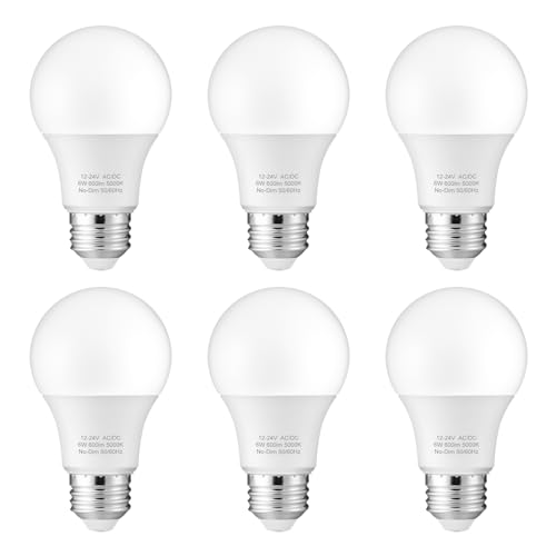 Maelsrlg 12V LED Bulb 6W(50W Equivalent) Daylight 5000K 12V-24V AC/DC 600 Lumens Non-Dimmable A19 12V DC LED Light Bulbs E26 Base Pack of 6