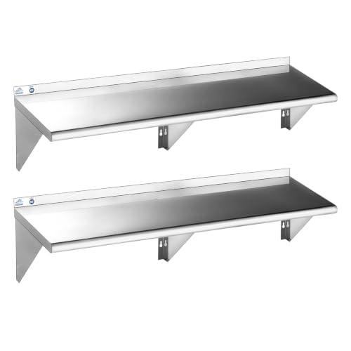 ROCKPOINT Stainless Steel Shelf 14 x 72 Inches 480lb, 2 Pack NSF Commercial Wall Mount Floating Shelving with Backsplash for Restaurant, Kitchen, Home and Hotel, Silver