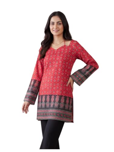 Image of GRECIILOOKS Short Kurti for Women - Printed Modern Tunic Top | Long Ethnic Wester Tops for Woman| Full Sleeve Indo Western Tunic | Comfortable Rich Kurti Tops for Office and Casual