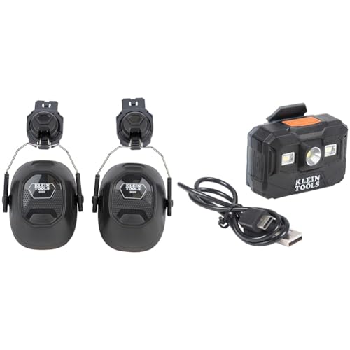 Klein Tools 60502 Earmuffs, Full Brim Hard Hat Attachment, 26dB Noise Protection & 56062 Rechargeable LED Headlamp/Worklight for Klein Hardhats, 300 Lumens, All-Day Runtime