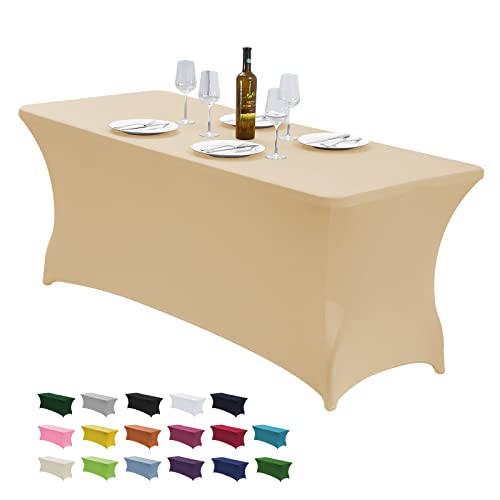 CWK 6FT Stretch Spandex Fitted Tablecloth,Rectangular Table Cover,Champagne