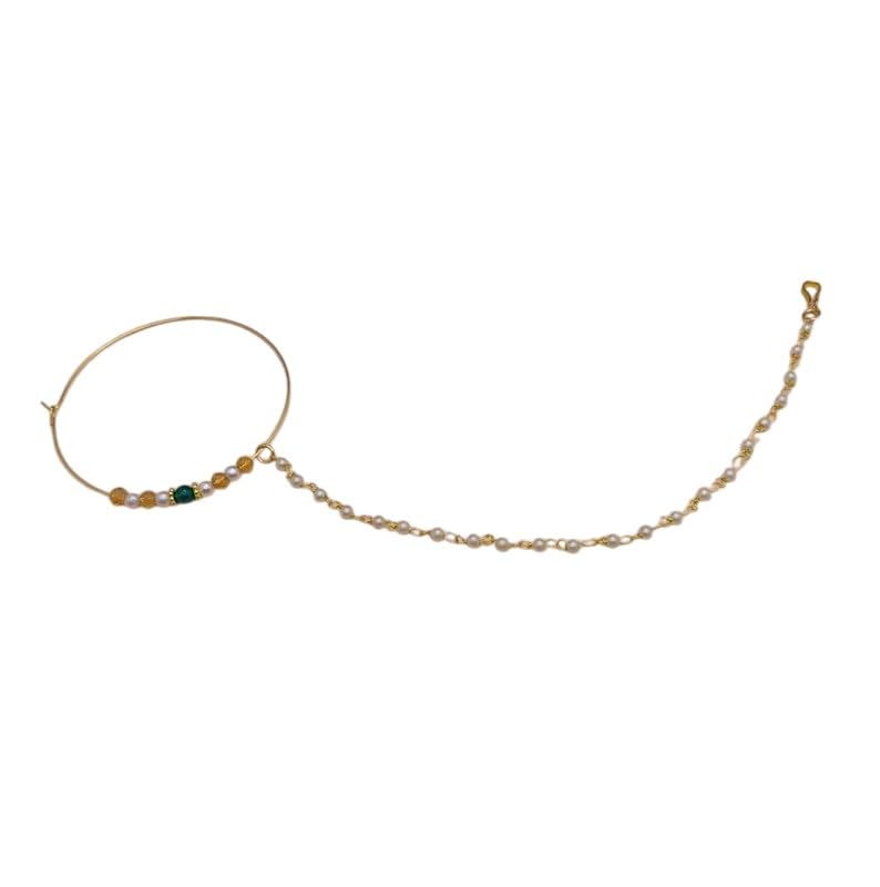 MANBHAR GEMS - Gold Plated Traditional Piercing Delicate Nose Ring/Nath with Onyx & Pearl Chain for Bridal Women and Girls Pack of 1 Wedding Fashion Jewellery-image-13