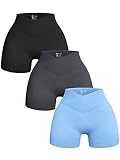 OQQ Women's 3 Piece Yoga Ribbed Seamless Workout High Waist Cross Over Athletic Legging Shorts, Blac