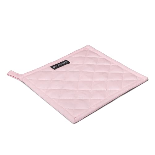 Image of Encasa XO Heat Resistant Cotton Pot Holders with Hanging Loop - Set of 2 - Light Pink & Light Grey - Multipurpose Quilted Everyday Hot Pad for Kitchen, Camping, BBQ & Microwave - 21 cm