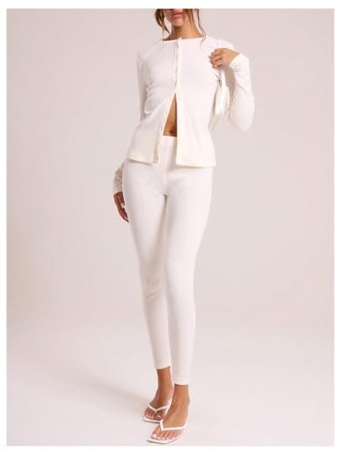 Image of BEAUDRM Women's Button Front Long Sleeve T Shirt Crew Neck Ribbed Knit Cardigan Open Front Slim Fitted Casual Tops White Medium