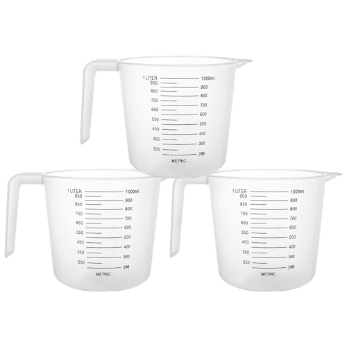 ASelected 3pk Plastic Measuring Jugs 1 Litre Clear Measuring Cup with Handle Plastic Jugs with Easy-to-Read Measurements for Kitchen Baking with Measuring Scale Easy Pour
