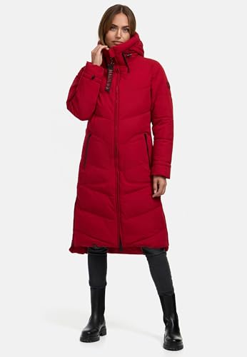 MARIKOO Damen langer Wintermantel warmer Steppmantel mit verstellbarer Kapuze Benikoo Deep Red Gr. L