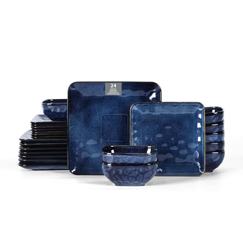 Vicrays Ceramic 24 Pieces Square Dinnerware Set - Dinner Plates Salad Plates Cereal Bowls Set...
