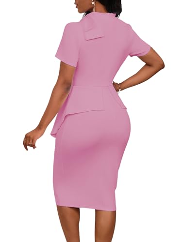 Image of WanMem Women Formal Bodycon Peplum Cocktail Dress Short Sleeve Bow Ruffle Pencil Party Midi Dresses