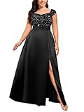MISSMAY Women's Plus Size Vintage Lace Sequin Sweetheart Neck High Split Wedding Guest Banquet Maxi Dress (3XL, Black)