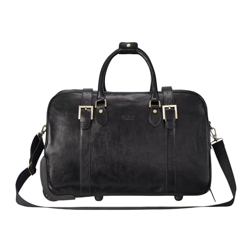 Sac de Voyage à Roulettes en Cuir Véritable – Sac de Cabine Vintage 43 L pour homme – Sac week-end à roulettes en cuir de vachette avec bandoulière,...