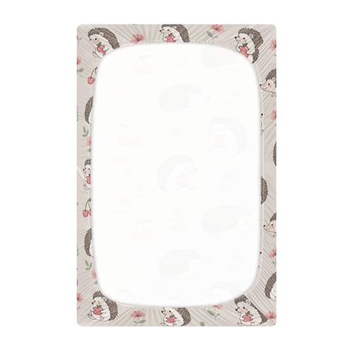 Image of Hedgehog Flowers Cherry Beige Fitted Crib Sheet for Boys Girls Baby Toddler Bed Sheets for Toddler Mattresses,52 X 28 in