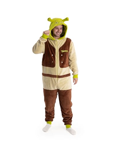 Shrek Character Unisex Onesie | Cosy Fleece Loungewear with 3D Hood & Zipper | Long Sleeve Movie Costume for Relaxing & Dress-Up Merch - X-Large Beige