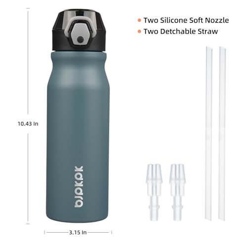Image of BJPKPK 25 oz Insulated Water Bottle, Straw, Handle, Stainless Steel Flask | Leak Proof Locking Lid, Thermal, Double Wall Vacuum, Keeps Hot /Cold, BPA Free, Dishwasher Safe, Travel & Sports, Dark Grey