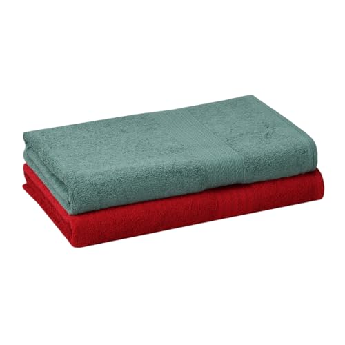 Image of Mafatlal Joy Bath Towel Large Size - Pack of 2 | 58 x 29 inch | Soft Cotton | Quick Dry | Highly Absorbent | 450 GSM | Green N Red