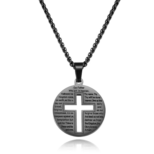 Collier croix du Seigneur noir en acier inoxydable et son disque rond gravé de prière chrétienne