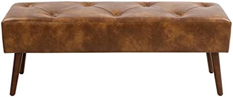 Furniliving 44 Inch Tufted Bench, Leather Footrest Stool Bedroom Bench Seat, Upholstered Tufted Beathable Fabrics Ottoman Bench with X-Shaped Wood Legs for Kitchen, Solid Wood Indoor Bench