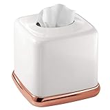 mDesign Square Metal Paper Facial Tissue Box Cover Holder for Bathroom Vanity Countertops, Bedroom Dressers, Night Stands, Home Office Desks, Tables - White/Rose Gold