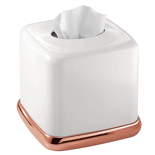 mDesign Square Metal Paper Facial Tissue Box Cover Holder for Bathroom Vanity Countertops, Bedroom Dressers, Night Stands, Home Office Desks, Tables - White/Rose Gold