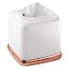 mDesign Square Facial Tissue Box Cover Holder for Bathroom Vanity Counter Tops, Bedroom Dressers, Night Stands, Desks and Tables - Solid Steel Construction, White with a Rose Gold Base