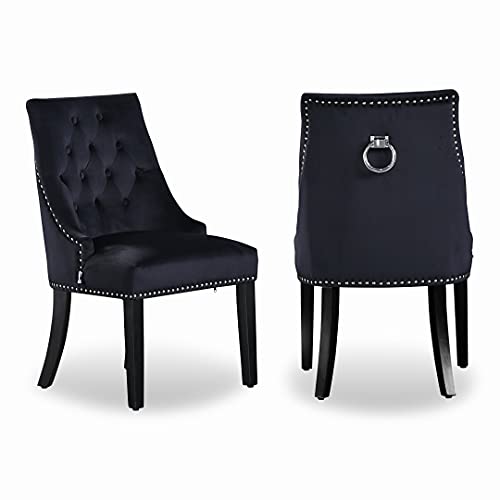 Life Interiors - Chaise Capitonnée en Velours Windsor - avec Anneau en Métal - Style Classique & Design - Pieds en Bois - Salle à Manger, Salon ou Coiffeuse (Noir, 1)