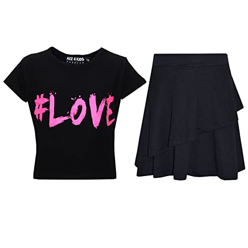 Camiseta de manga corta niña con falda de volantes negra en conjunto infantil de 7 años
