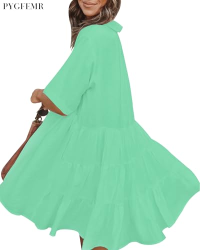 Image of PYGFEMR Women's Short Sleeve Babydoll Dress Button Down Dresses with Pockets