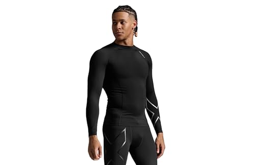 2XU Mens Ignition Compression Long Sleeve Shirt for Training and Fitness- Black/Silver - Size X-Small