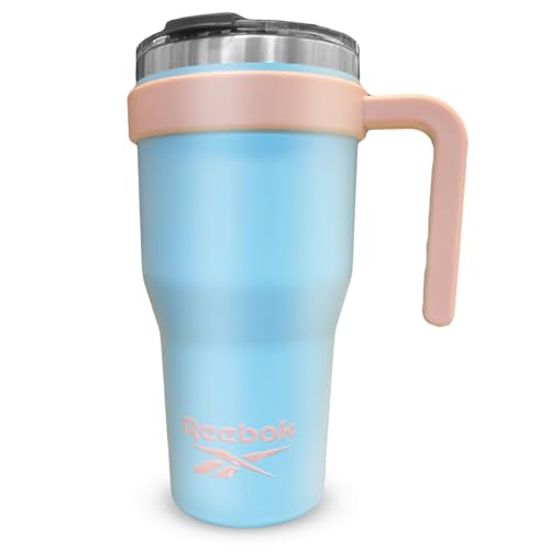 Reebok Stainless Steel Tumbler with Handle, 40oz Two-Tone Double Wall Vacuum Insulated Leak-Proof Tumbler for Men and Women, Blue/Peach