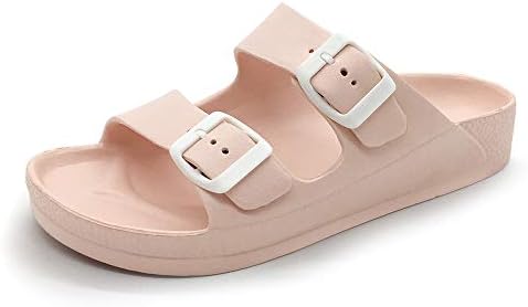 FUNKYMONKEY Women's Comfort Slides Double Buckle Adjustable EVA Flat Sandals (7 M US, Pink A)