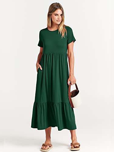 Image of ANRABESS Womens 2026 Summer Casual Maxi Dress A line Tiered Flowy Short Sleeve Crewneck T Shirt Beach Travel Long Dresses