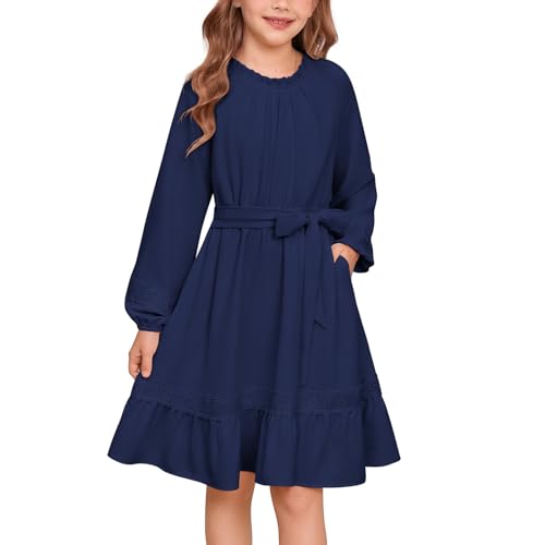 GRACE KARIN Mädchen A-Linie Langarm Freizeitkleid mit Gürtel Rundhals mit Rüschen Freizeit Marineblau 12 Jahre
