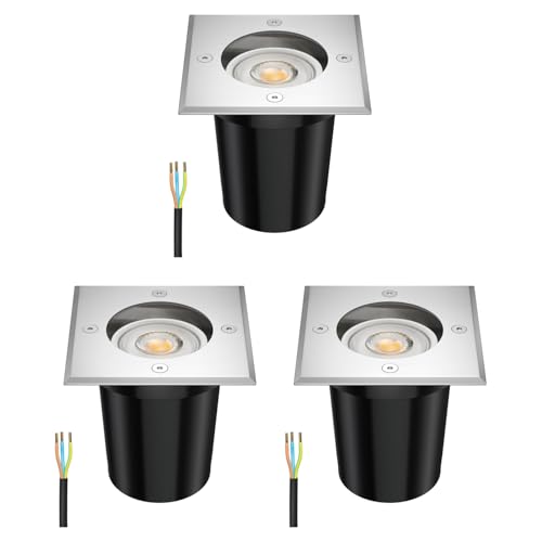 ledscom.de 3 Stück Boden-Einbauleuchte RELI für außen, IP67, edelstahl, 11 x 11cm, inkl. 7,6W LED Lampe 1103lm, 33°, warmweiß